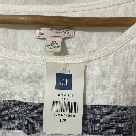 NWT GAP 97% Linen White Blue Striped Sleeveless Dress with Tie Waist a292 - Picture 2 of 4